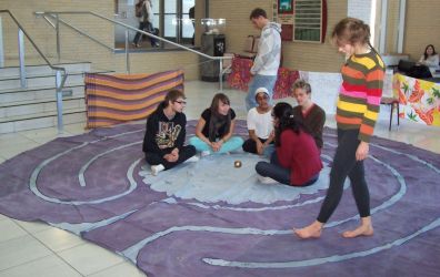 Students walking a labyrinth